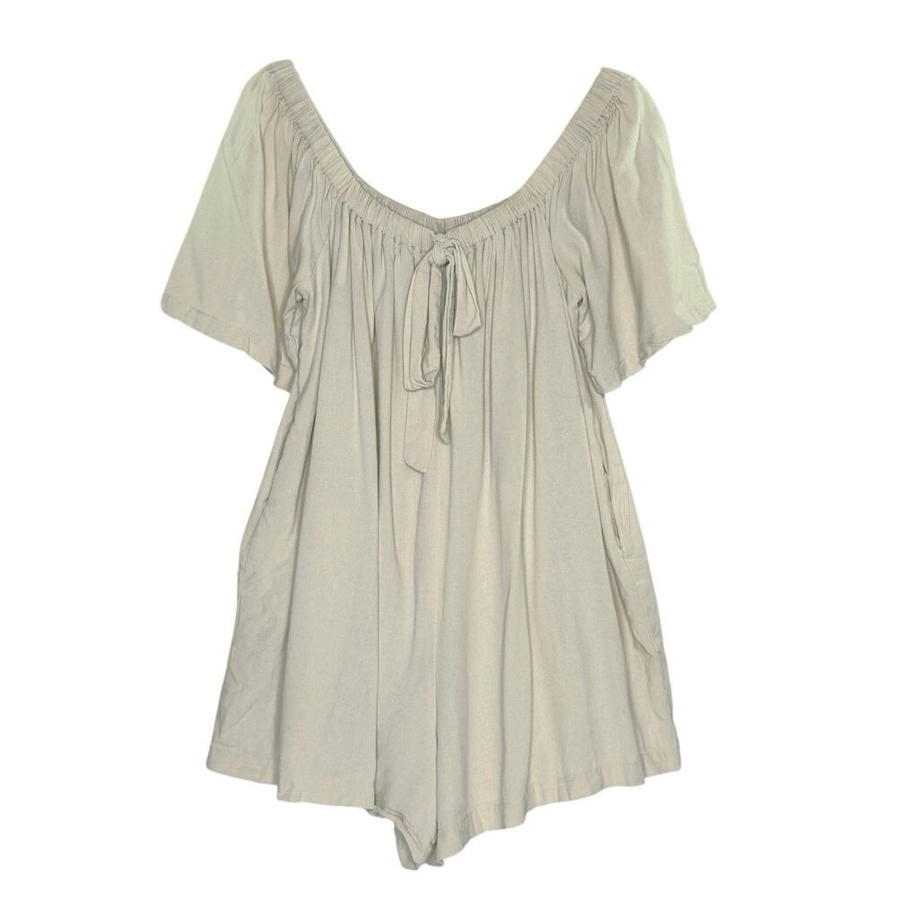 Hunter & Brown Linen Blend Oatmeal Romper M Pleated Tie Neckline Pockets
